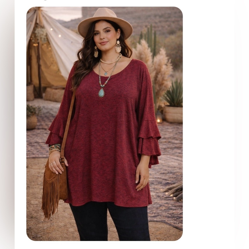 Style & Co. Burgundy Ruffle Sleeve Blouse